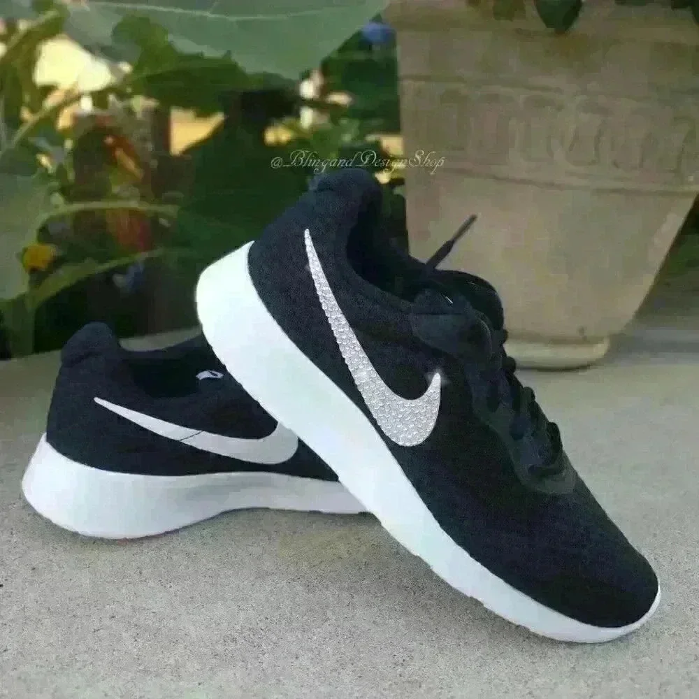 Nike Swarovski Women's Nike Tanjun Sneakers Black White Customized with Crystals
